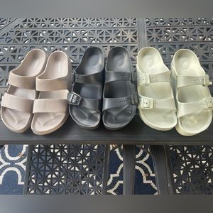 3 pairs Birkenstock style sandals 1 flat, 2 midform platform flatform sage